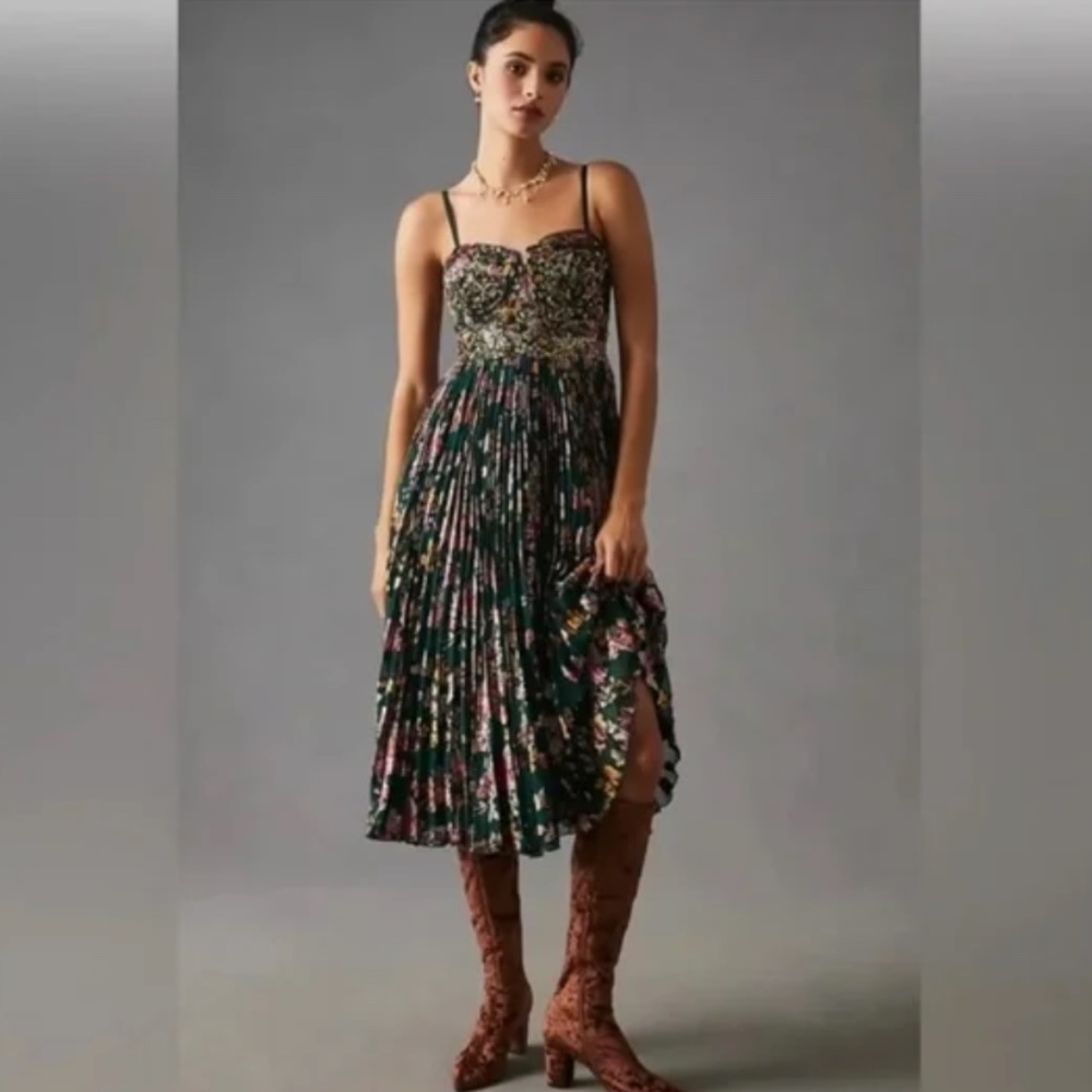 Anthropologie - Verb velvet Emerald Green with Pink & Mustard Yellow Sequin